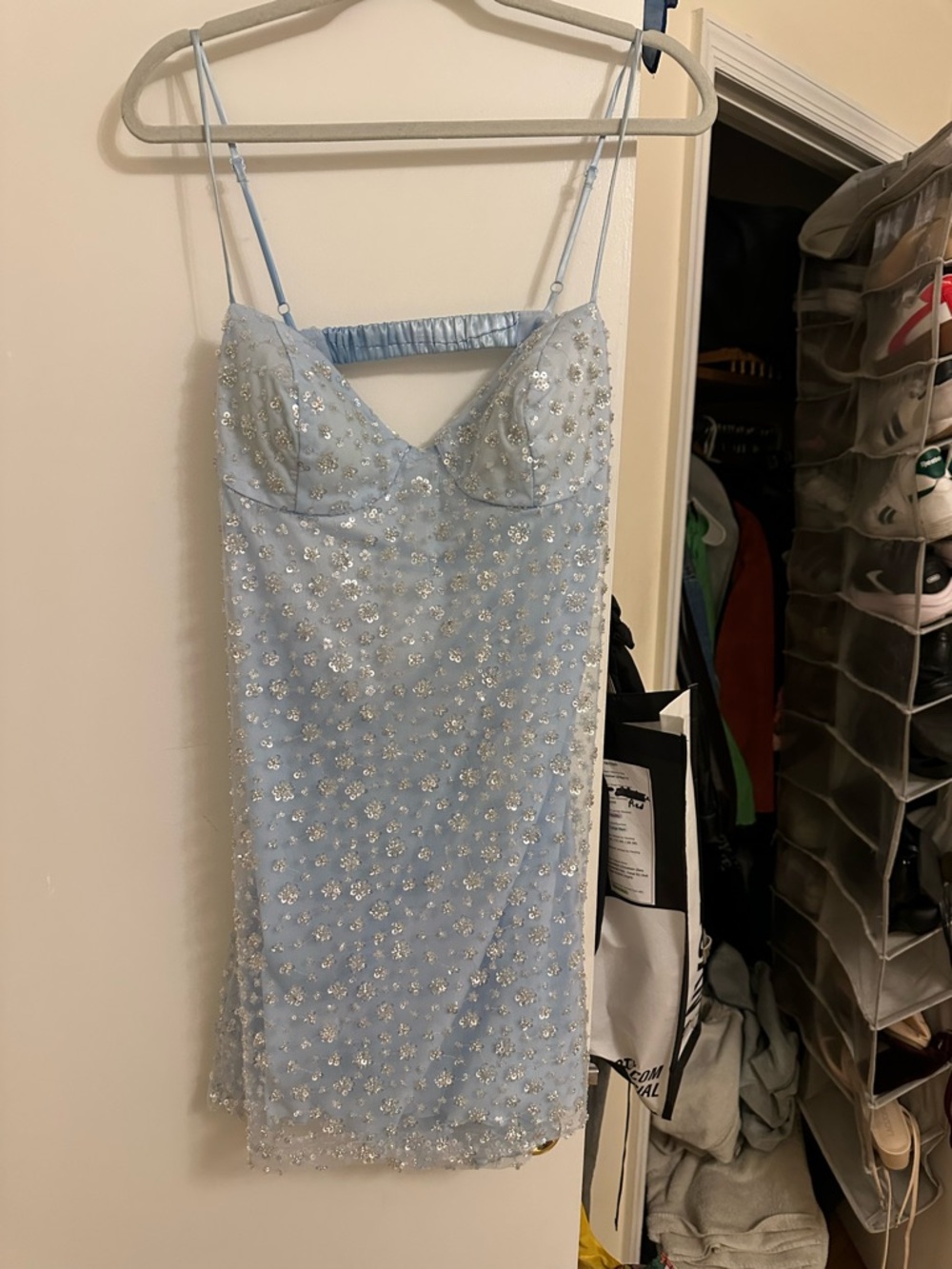 B Darlin Light Blue Sequin Floral Slip Dress
